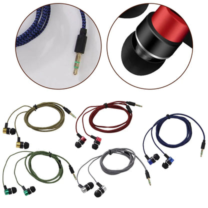 Blue braided headphone cable with black 3.5mm jack and red bass stereo earbuds featuring noise cancelling superb bass