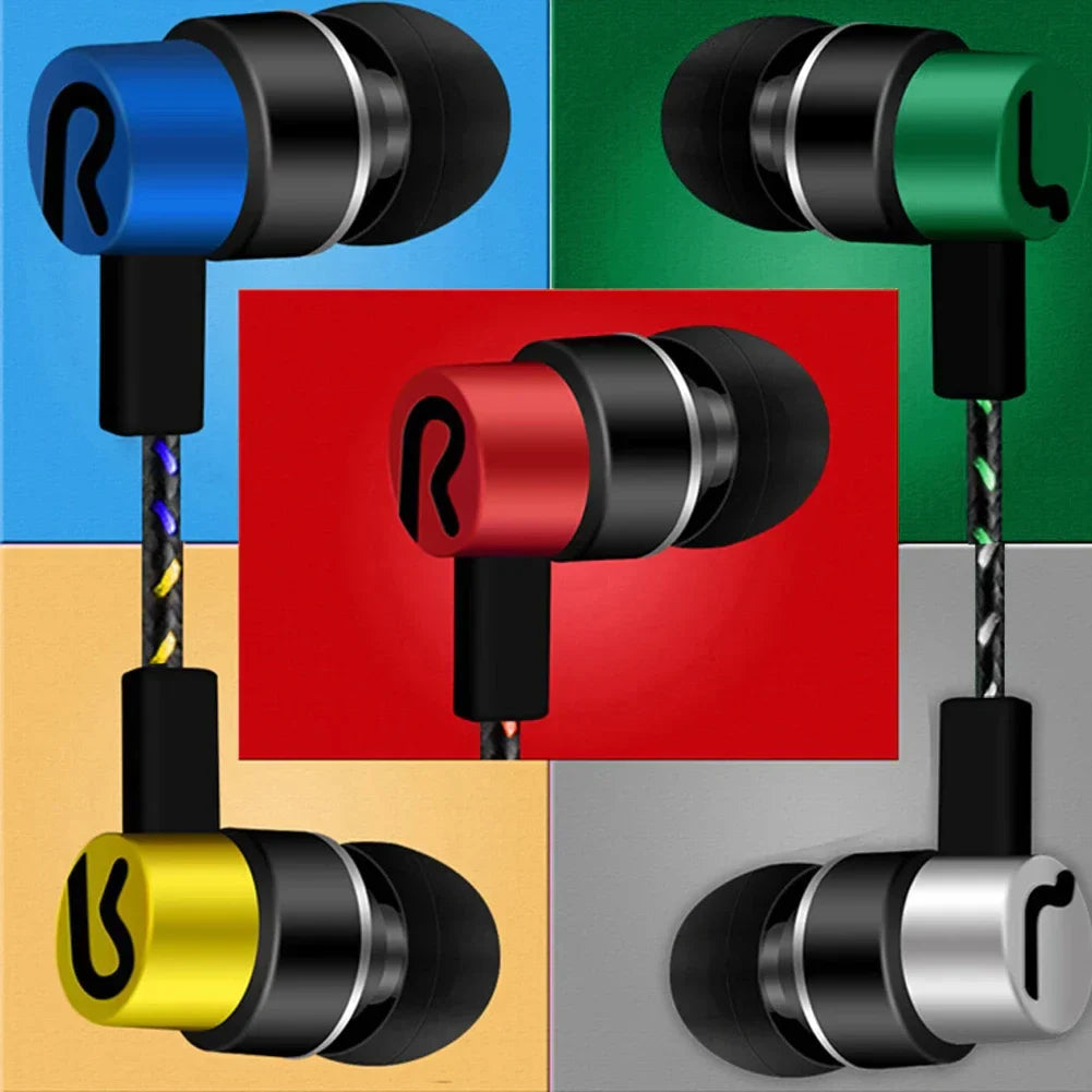 3.5mm in-ear wired headphone with blue green red yellow and silver colors featuring black ear tips and headphone noise cancelling