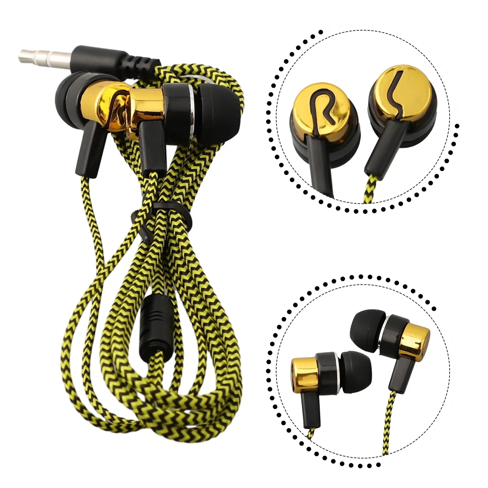 Gold and black inlayed 3.5mm wired bass stereo earbuds with braided yellow-green cable featuring headphone noise cancelling