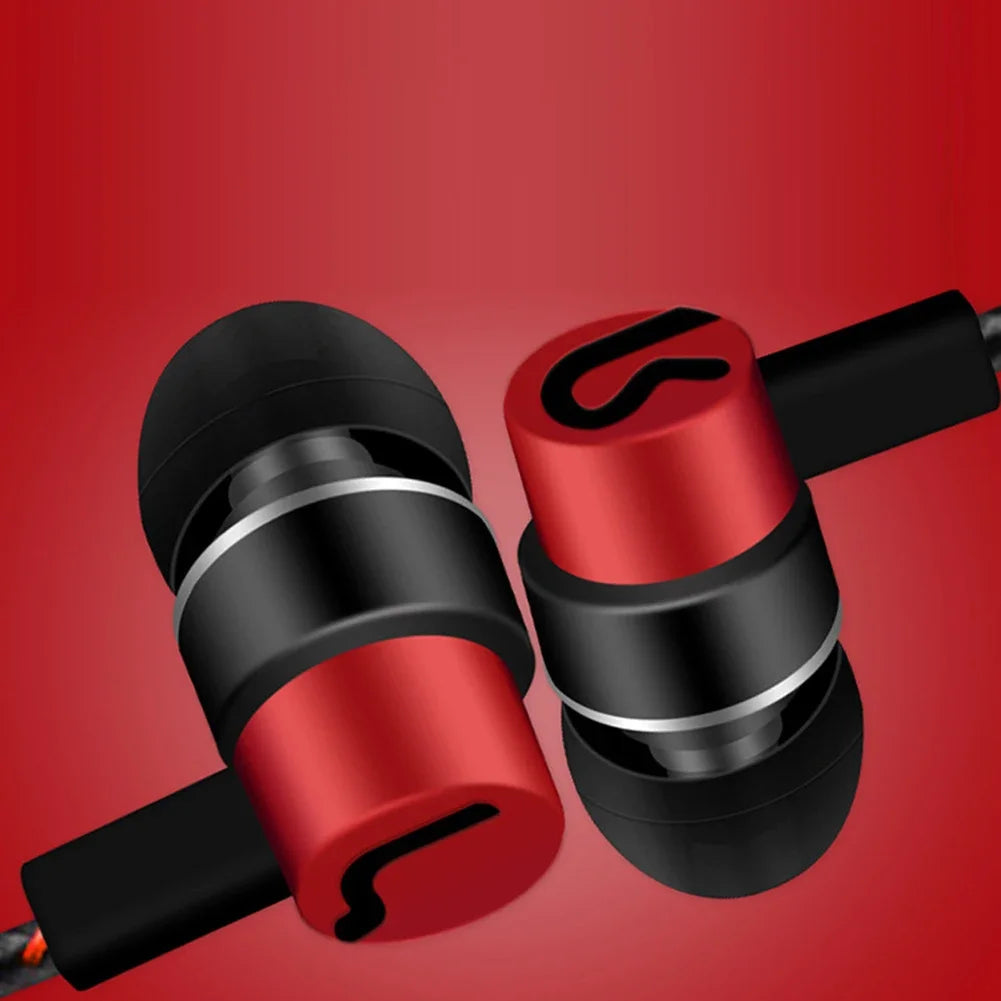 Red and black 3.5mm in-ear wired headphone noise cancelling bass stereo earbuds with sleek metallic finish and curved logo