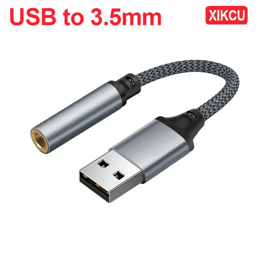 Silver xikcu external sound card adapter headphone micphone with braided gray 3.5mm audio cable for pc and laptop