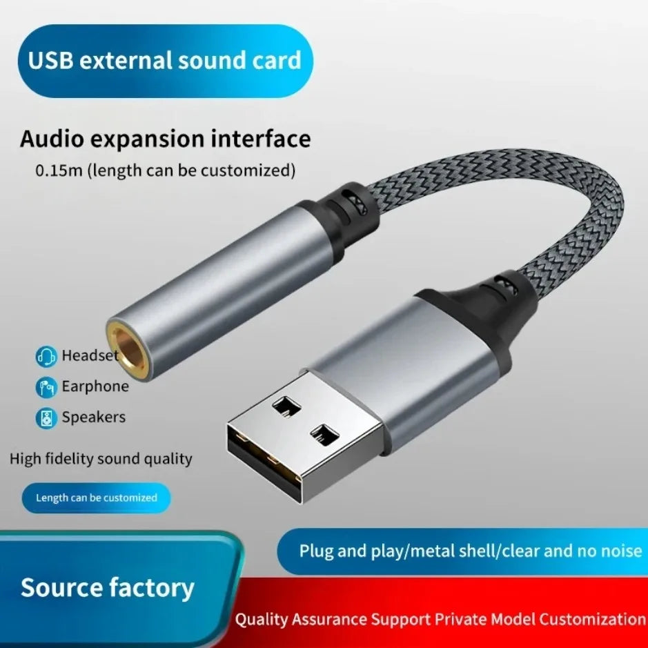 Silver external sound card adapter headphone micphone with braided gray cable and black connectors for 3.5mm audio cable