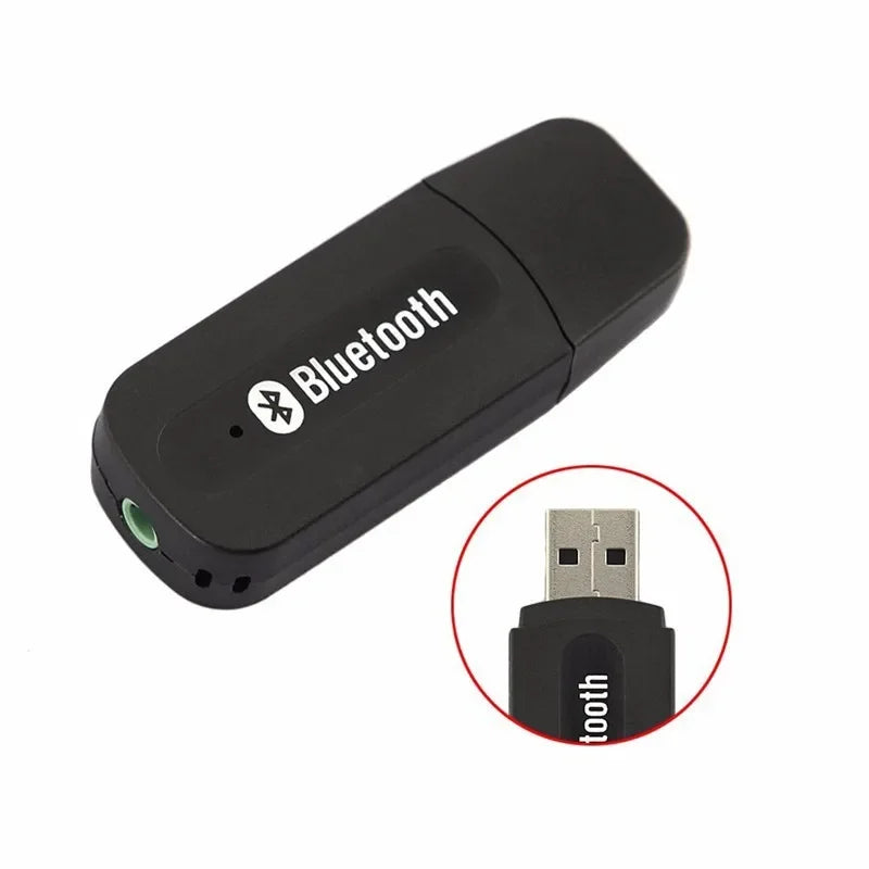 Black usb bluetooth adapter with green 3.5mm jack and type-a connector for aux wireless car a2dp music receiver adapter