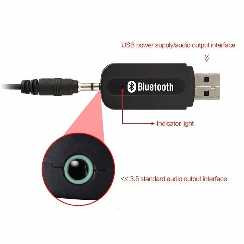 Black plastic wireless bluetooth audio adapter with usb connector and 3.5mm jack for speaker’s aux port and audio cable use