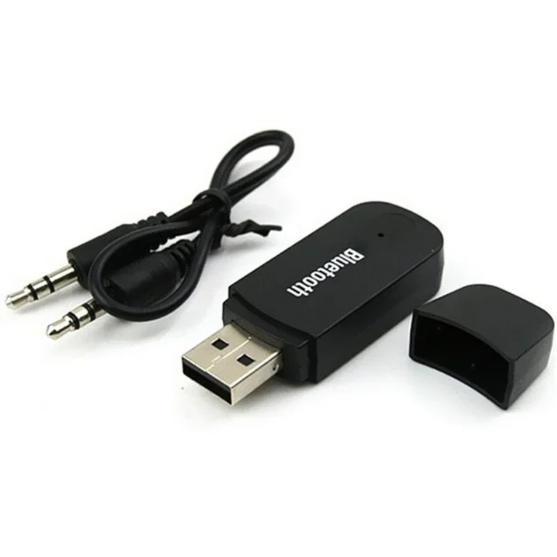 Black usb bluetooth-compatible aux wireless car 3.5mm jack a2dp music receiver adapter with silver connector and audio cable