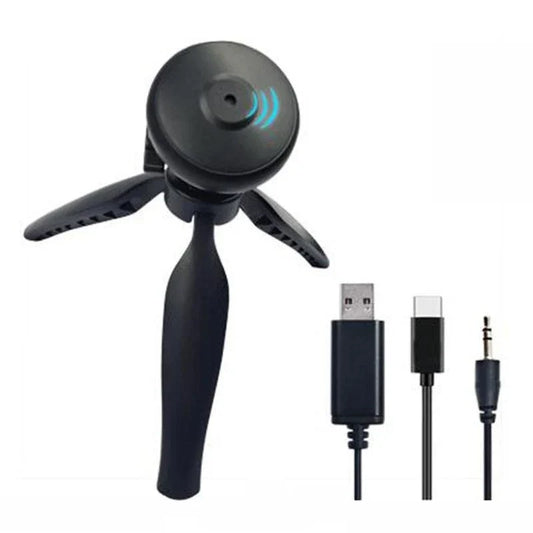 Black wireless webcam on tripod with blue led and usb-a to type-c and 3.5mm cables for microphone professional recording and voice recording gaming