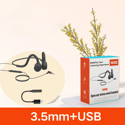 Black open ear air conduction headphones wired stereo music headset ultra light with 3.5mm jack and usb cable for active use