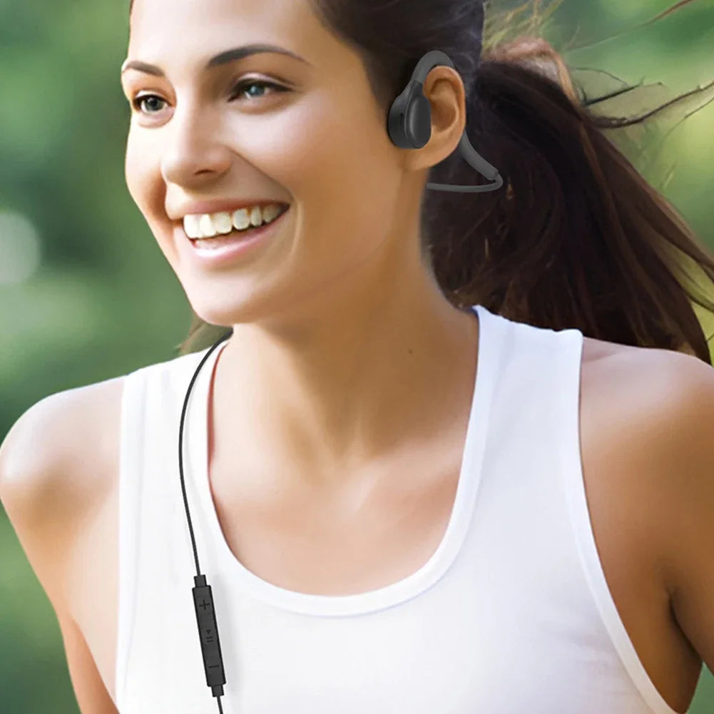 Black 3.5mm open ear air conduction headphones wired with ultra light music headset and microphone for ios android phone