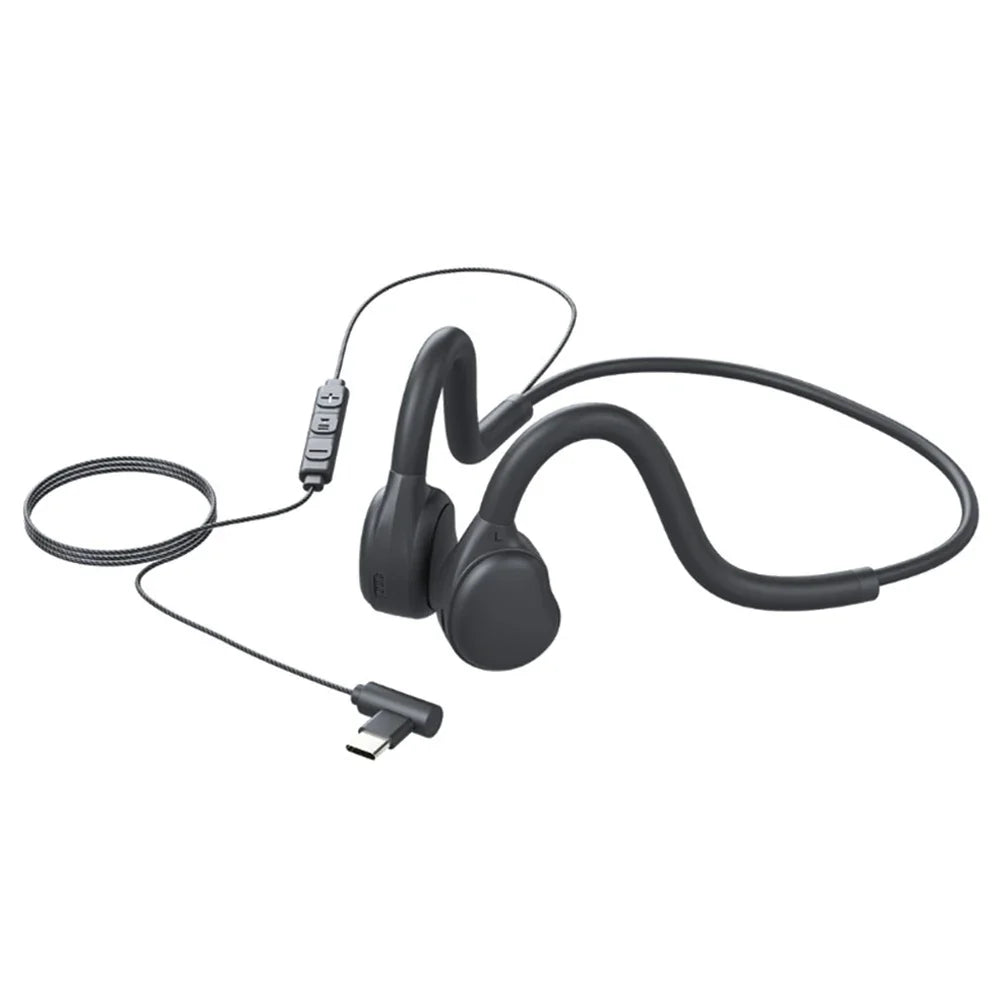Black open ear air conduction headphones wired with flexible headband and microphone for ios and android music headset ultra light