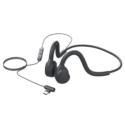 Black open ear air conduction headphones wired with flexible headband and microphone for ios and android music headset ultra light