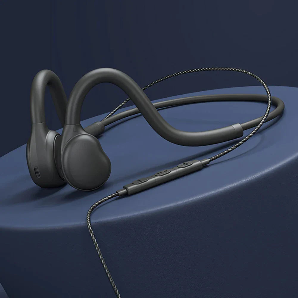 Dark gray open ear air conduction headphones wired with sleek curved design and braided cable music headset ultra light