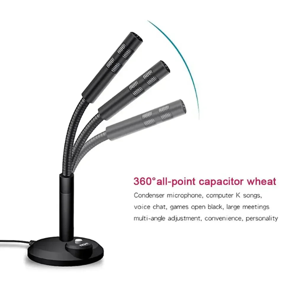 Black 360-degree adjustable condenser studio microphone speech with flexible gooseneck arms and mic stand holder base