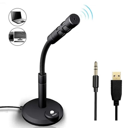 Black desktop 3.5mm studio microphone speech mic with flexible gooseneck stand and usb mic stand holder for pc
