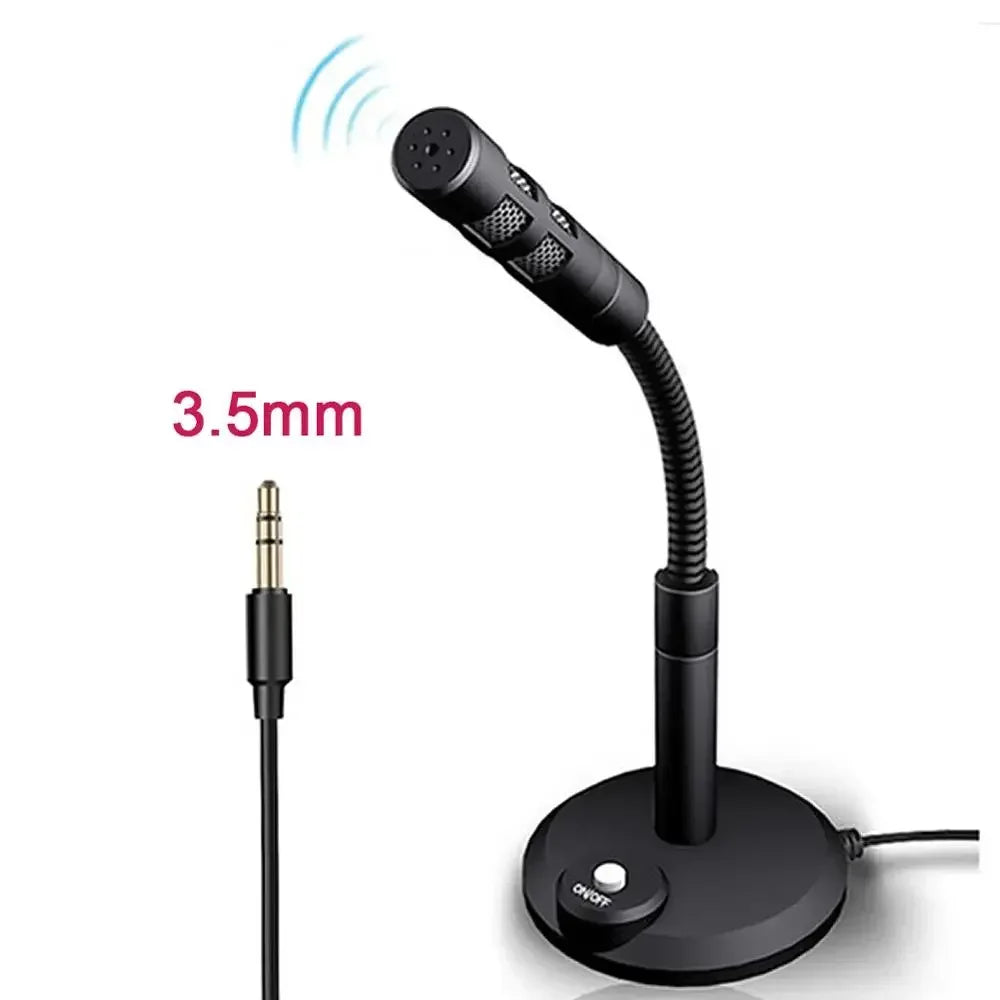 Black studio microphone speech with flexible gooseneck speech mic stand and on off switch mic stand holder for pc