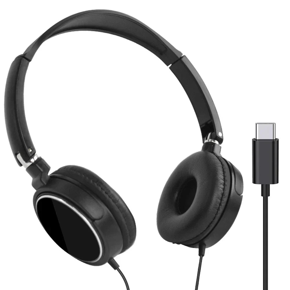 Black over-ear plug wired headphones with foldable design, glossy finish, padded earcups, and bass stereo sound for devices