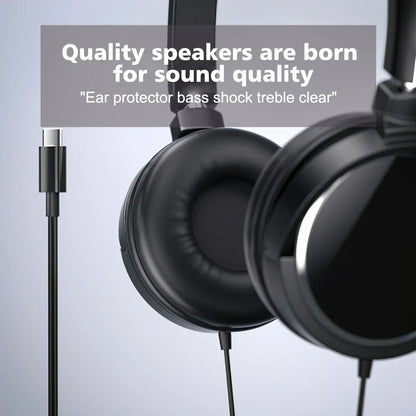Black foldable headphones bass with padded earcups and 3.5mm type-c plug wired headphones for music use