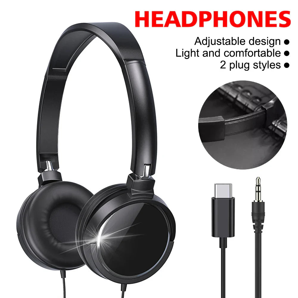 Black over-ear plug wired headphones with a sleek adjustable headband foldable headphones bass stereo for pc and smartphones