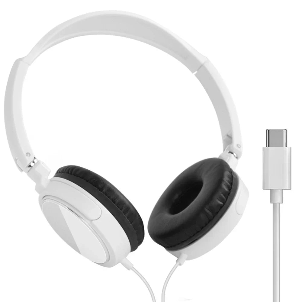 White over-ear foldable headphones bass with black padded earcups and usb-c cable for plug wired headphones fashion music earphones