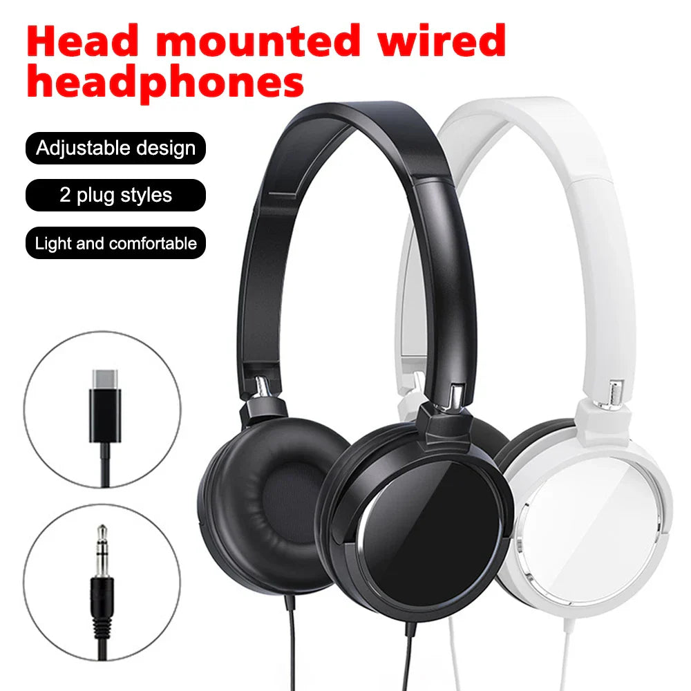 Black and white wired headphones noise cancelling over ear headset flexible with 3.5mm type-c connection for business use