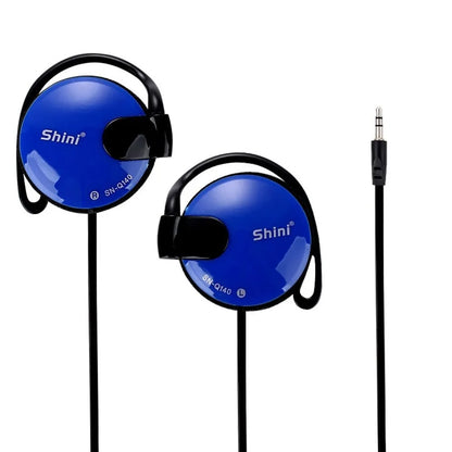 Blue shini sn-q140 wired bass headphones with black ear hooks and cable for sports game wired earpiece use