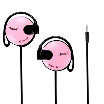 Pink shini sn-q140 wired bass headphones with black ear hooks and cable designed as a game wired earpiece and hook headset sports