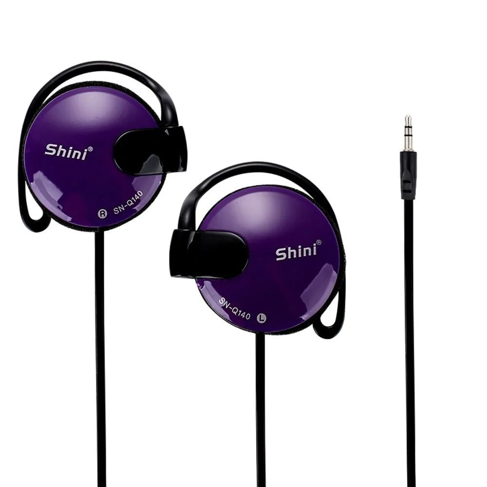Purple shini sn-q140 wired bass headphones with black ear hooks and cable hook headset sports for music and gaming