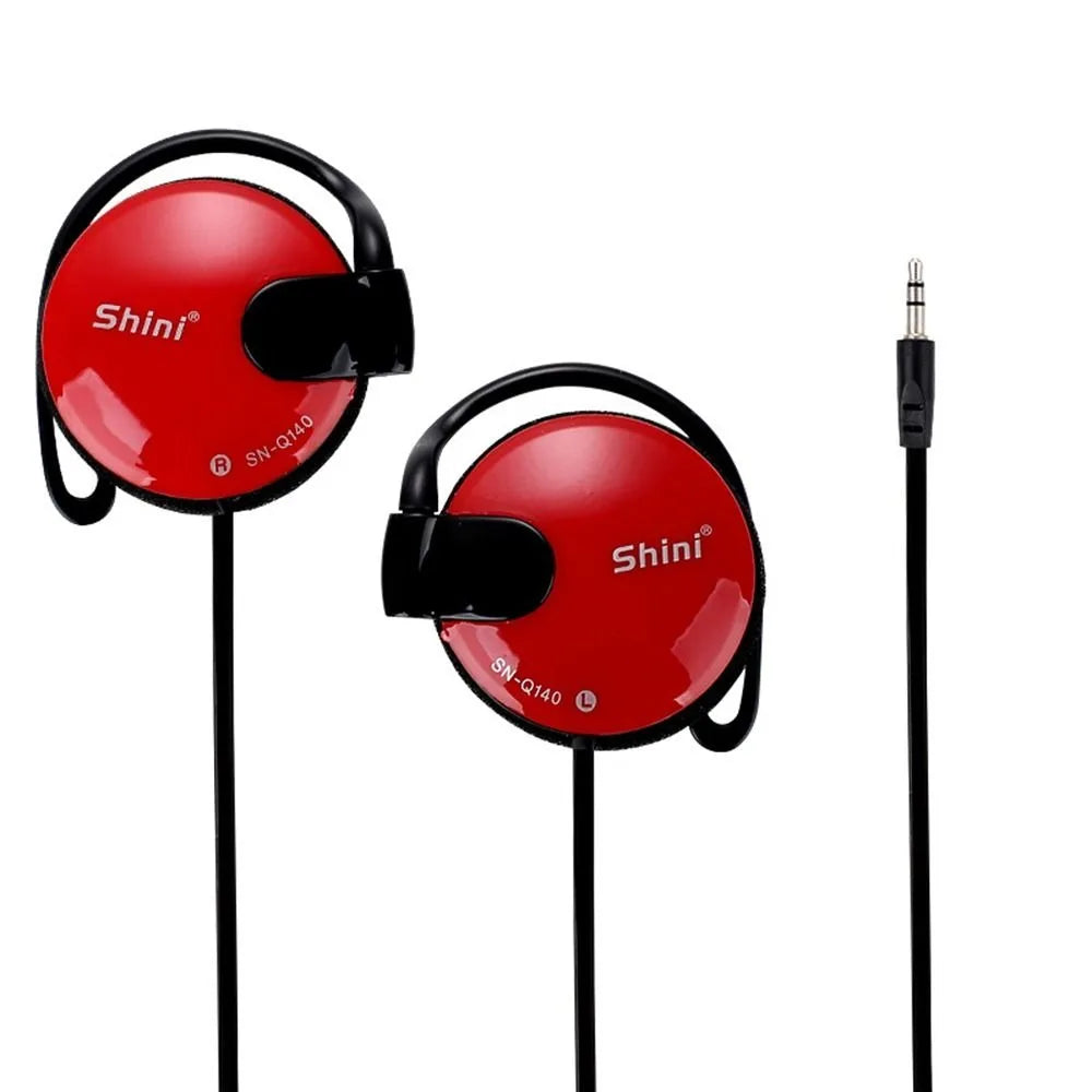 Red shini sn-q140 wired bass headphones with black ear hook headset sports design for game wired earpiece use