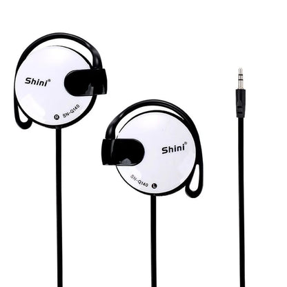 White and black shini sn-q140 wired bass headphones with clip-on ear hook design for sports and game wired earpiece use