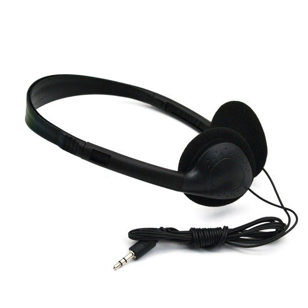 Black over-ear wired stereo headset universal with padded earcups coiled cable and 3.5mm audio jack for noise canceling sports use