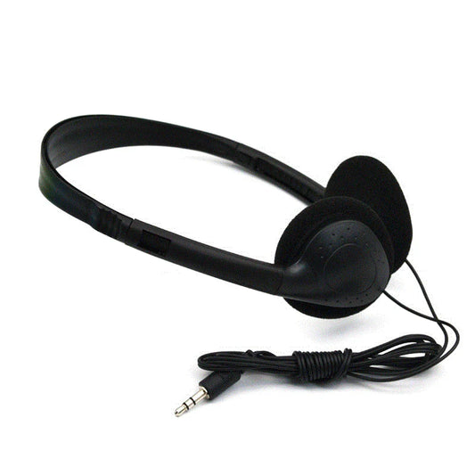 Black over-ear wired stereo headset universal with padded earcups coiled cable and 3.5mm audio jack for noise canceling sports use