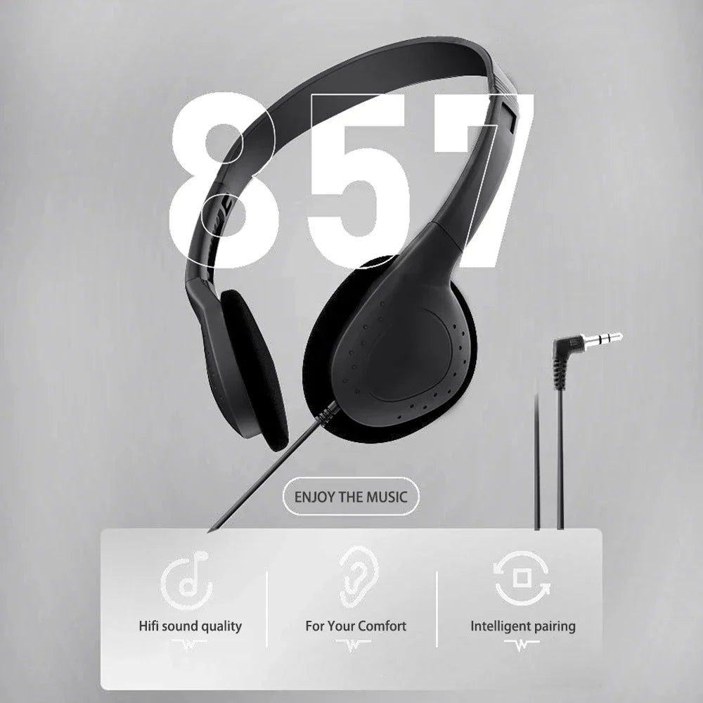 Black over-ear wired stereo headset universal with 3.5mm jack noise canceling sports design no microphone gaming headset