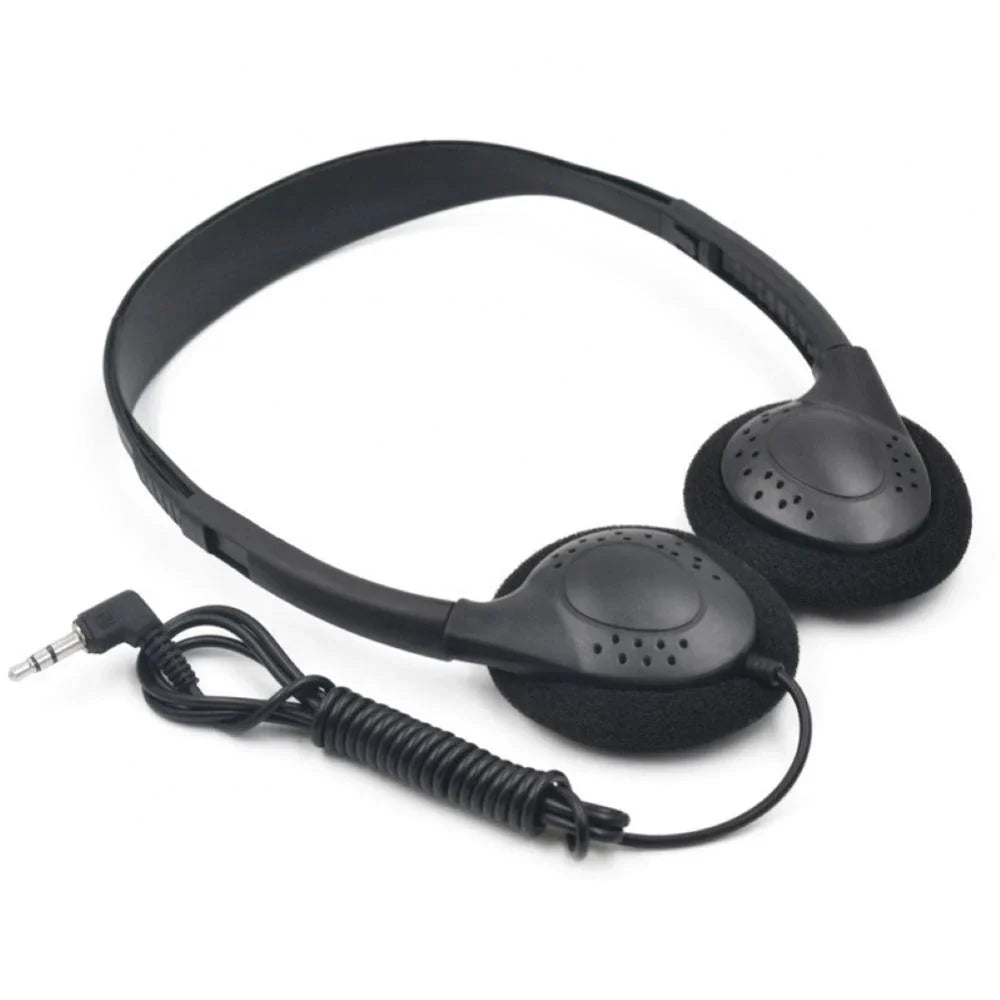 Black over-ear wired stereo headset universal with noise canceling sports feature and coiled 35mm jack cable