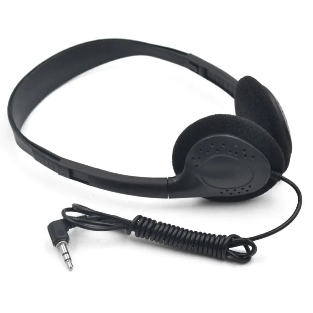 Black over-ear wired stereo headset universal with padded earcups coiled cable and 35mm jack for noise canceling sports use