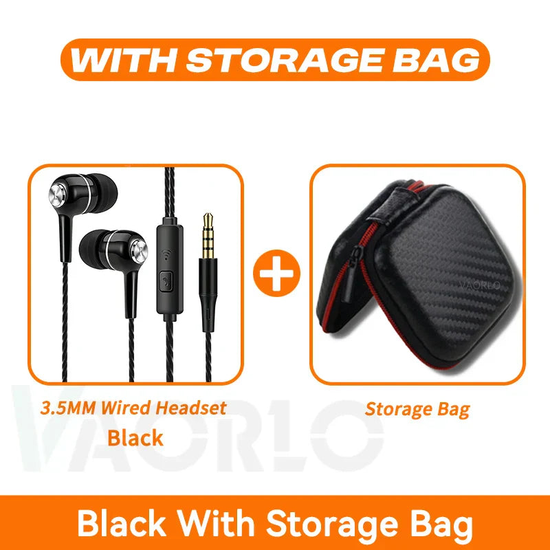 Black 3.5mm wired earbuds monitor sports headset with hifi heavy bass braided cable and carbon-fiber storage bag