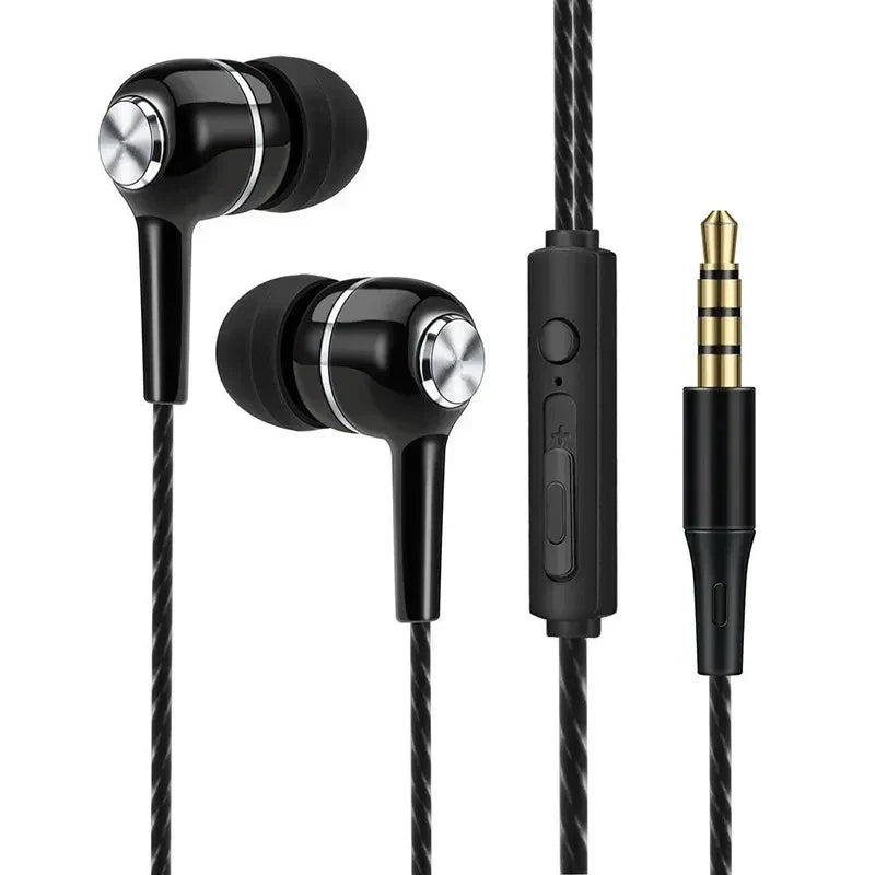 Black in-ear ear headset hifi with silver control buttons braided cable gold-plated jack heavy bass earbuds for stereo music gaming