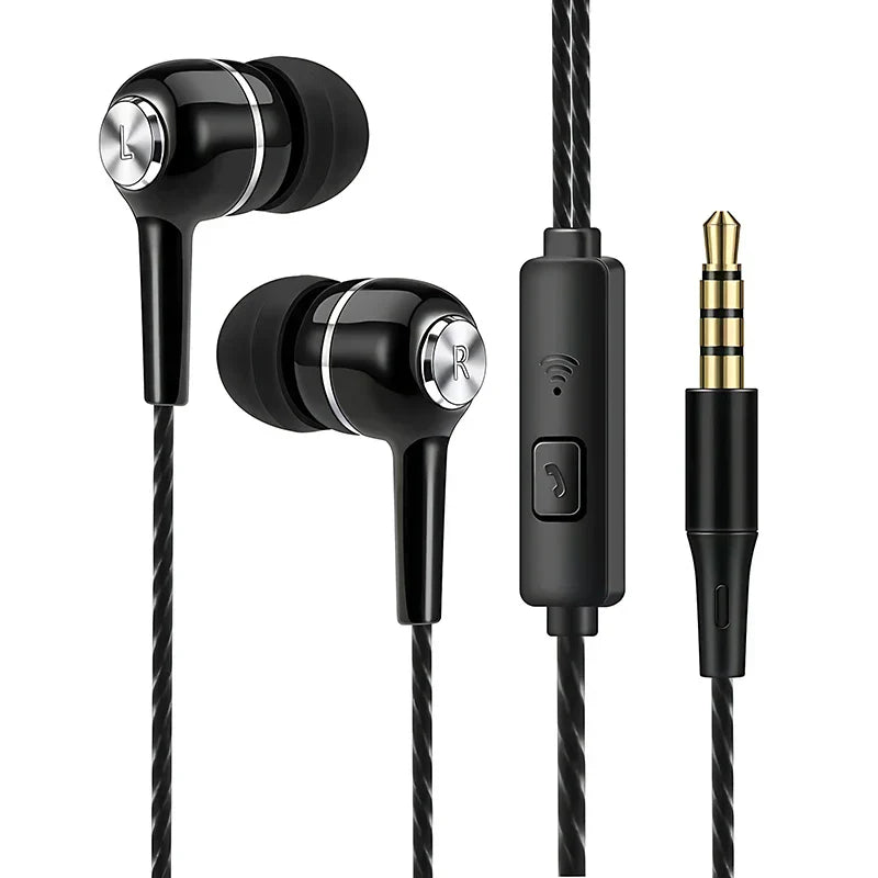 Black in-ear wired earphones with silver accents, gold-plated 3.5mm jack, and inline control for hifi heavy bass music gaming headphone