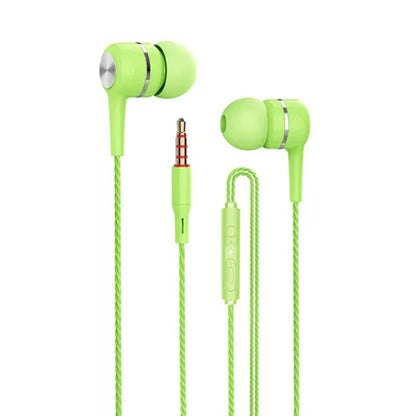 Lime green 3.5mm wired ear headset hifi with silver accents braided cable heavy bass earbuds for stereo music gaming