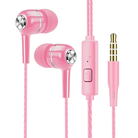 Pink in-ear 3.5mm wired earphone with silver accents and braided cable for hifi heavy bass music gaming headphone use