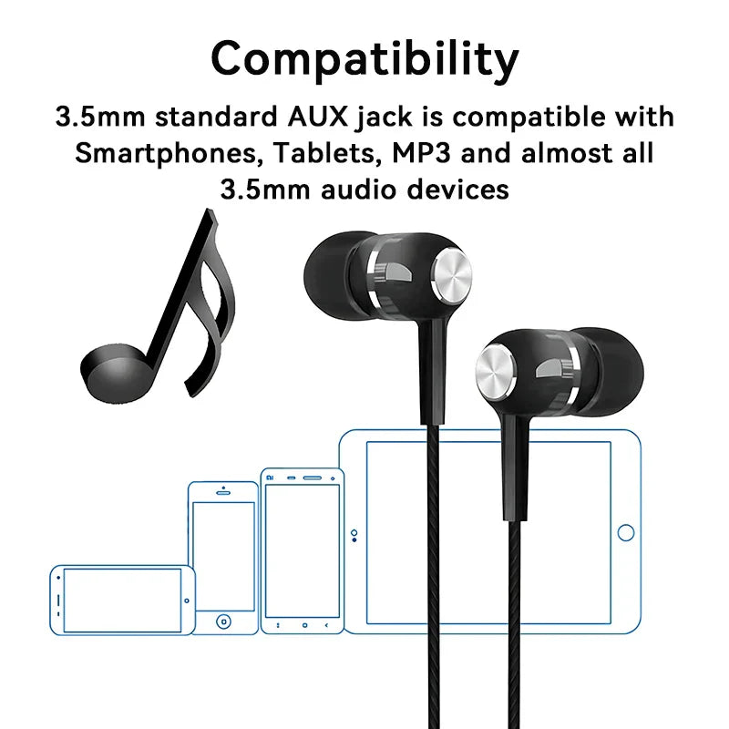 Black in-ear 3.5mm wired earphone with silver accents featuring hifi heavy bass earbuds monitor sports design for music gaming headphone use