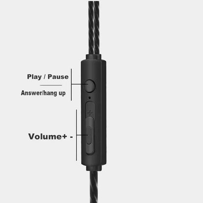 Black plastic inline control module with textured braided cable and labeled buttons for stereo music gaming ear headset hifi