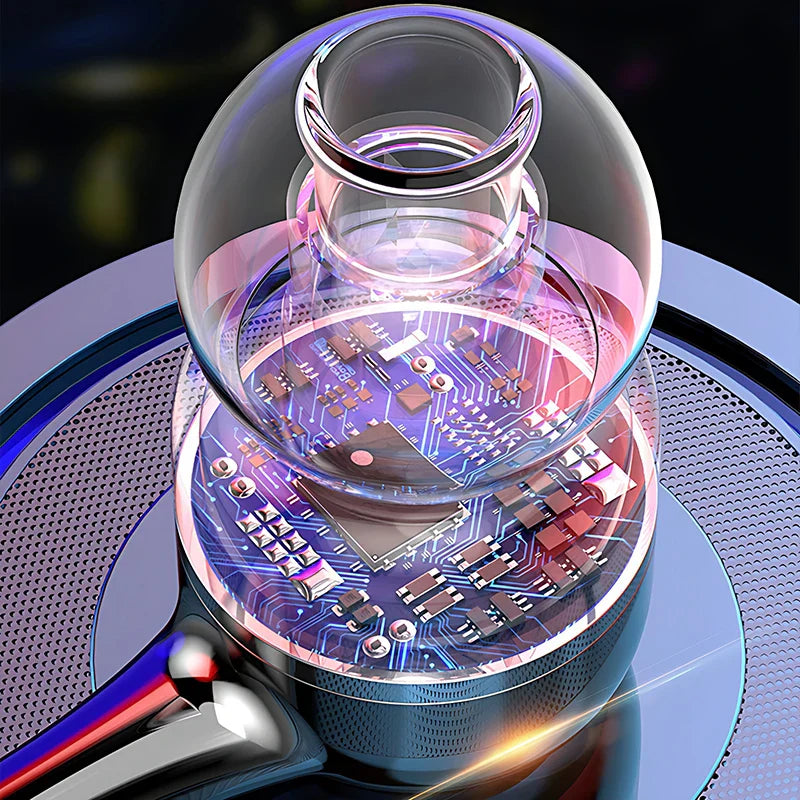 Futuristic transparent dome encasing glowing blue circuit board of hifi heavy bass earbuds monitor sports headset