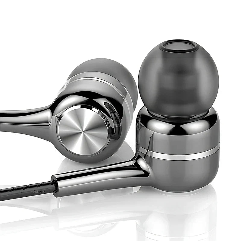 Sleek black and silver 3.5mm wired in-ear earphone with metallic finish and circular control buttons for hifi heavy bass