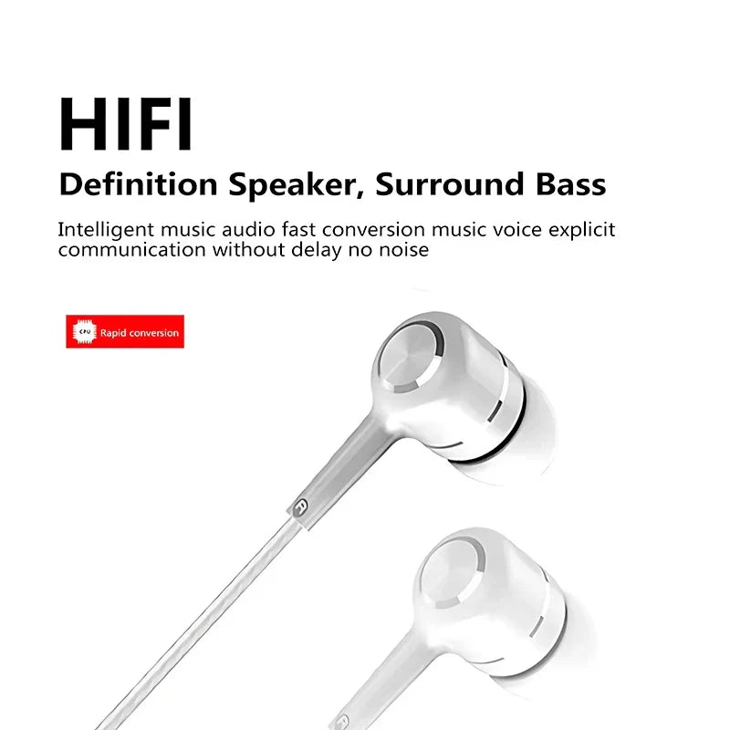 White in-ear headphones with sleek metallic earpieces and thin cable for hifi heavy bass music gaming headphone use