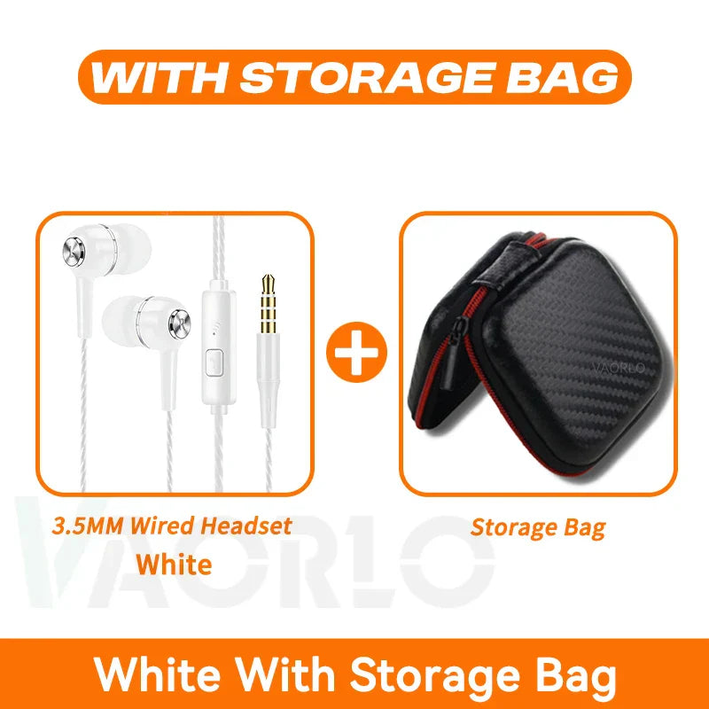 White 3.5mm wired earbuds monitor sports headset with hifi heavy bass silver inline control and black red zipper bag