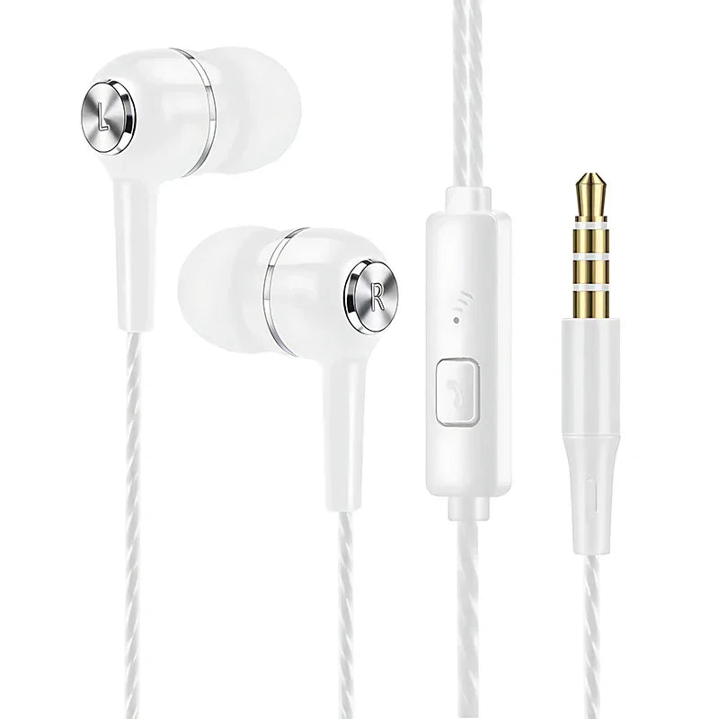 White in-ear hifi heavy bass earbuds monitor sports headset with silver accents and gold-tipped 3.5mm music gaming headphone
