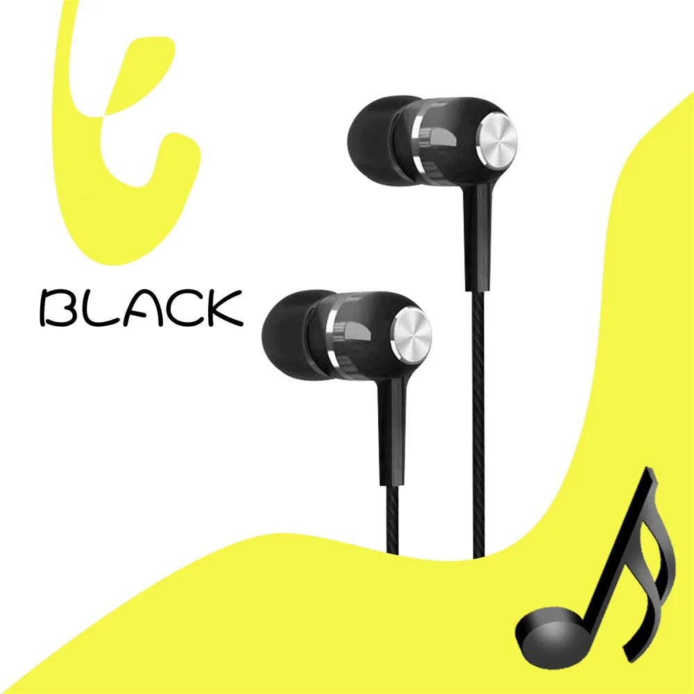 Black in-ear wired headphones with silver accents featuring mic hifi noise cancel surround bass for phone tablet mp3 use