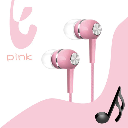 Pink in-ear wired earphone with hd mic hifi noise cancel surround bass for phone tablet mp3 with silver control buttons