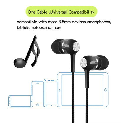 Black in-ear wired headphones with silver accents featuring mic hifi noise cancel surround bass for phone tablet mp3