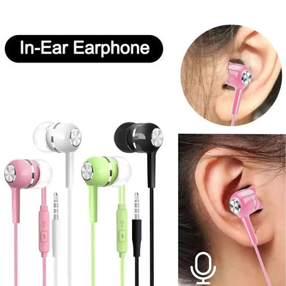 Pink in-ear wired earphones with metallic silver control button featuring mic hifi noise cancel surround bass for phone tablet mp3