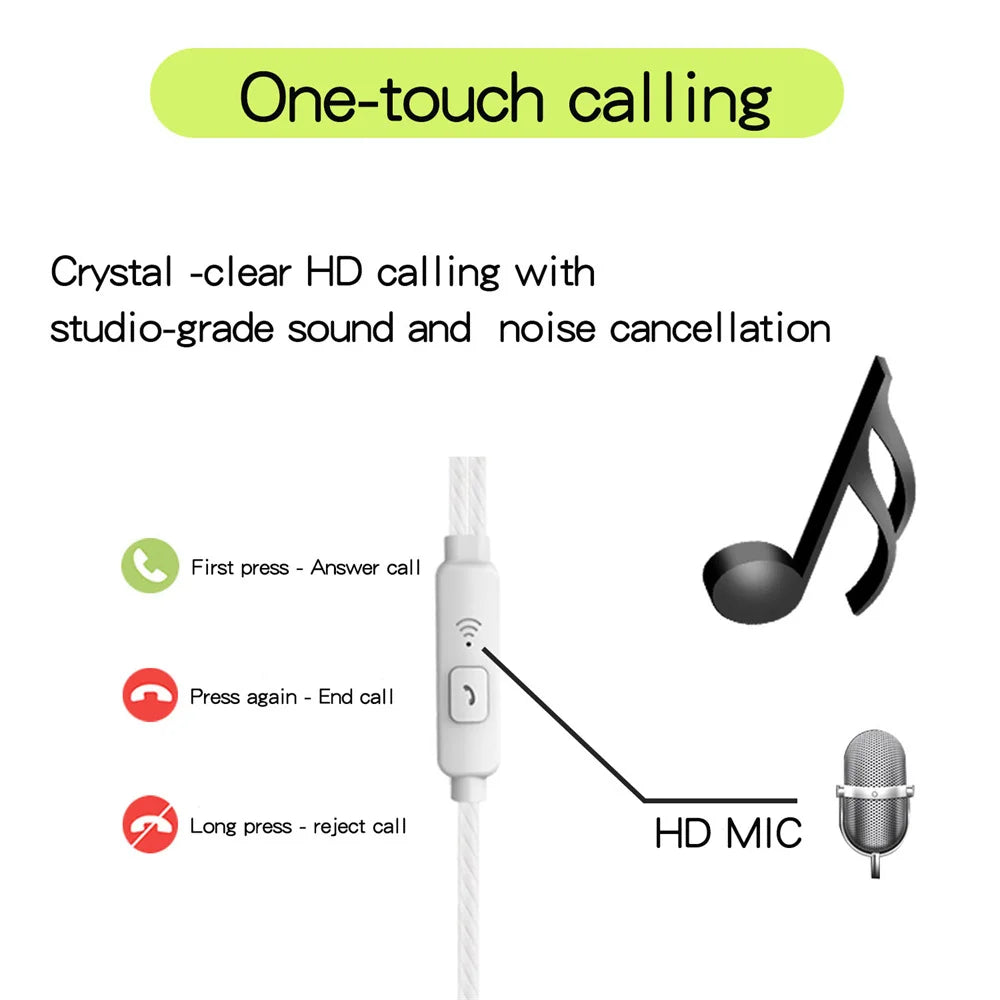 White 3.5mm wired earphone with in-line control, hd mic hifi noise cancel surround bass for phone tablet mp3 use